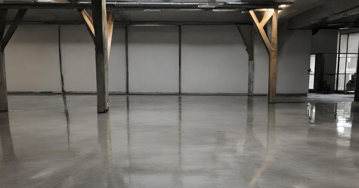 Smooth concrete floor in a wide open workshop with wooden columns.