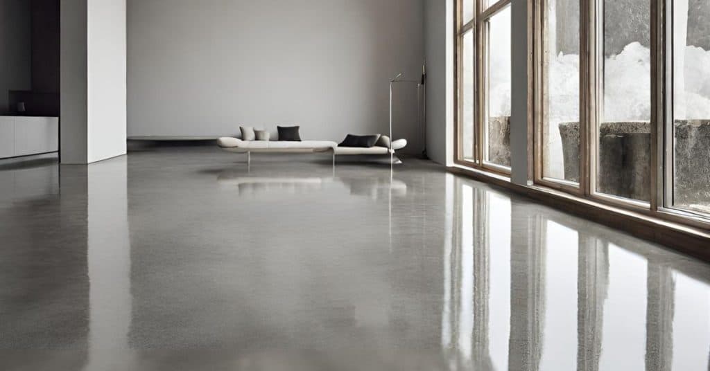 Shiny burnished concrete floor reflects light in a minimalist living space.