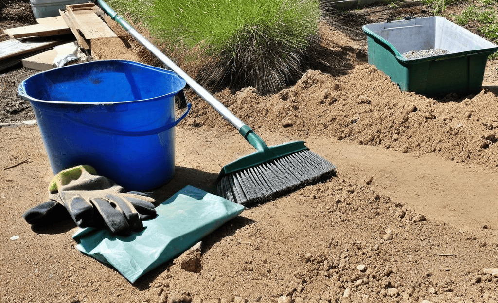 Blue bucket, gloves, push broom, sand pile, and green bin outdoors.