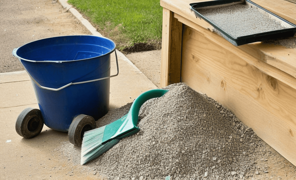 Blue wheeled bucket beside pile of gray decorative glass and green broom.