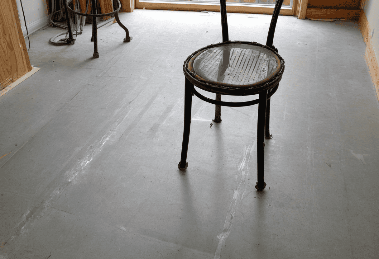 Circular glass-top stool with metal legs on a bare concrete floor.