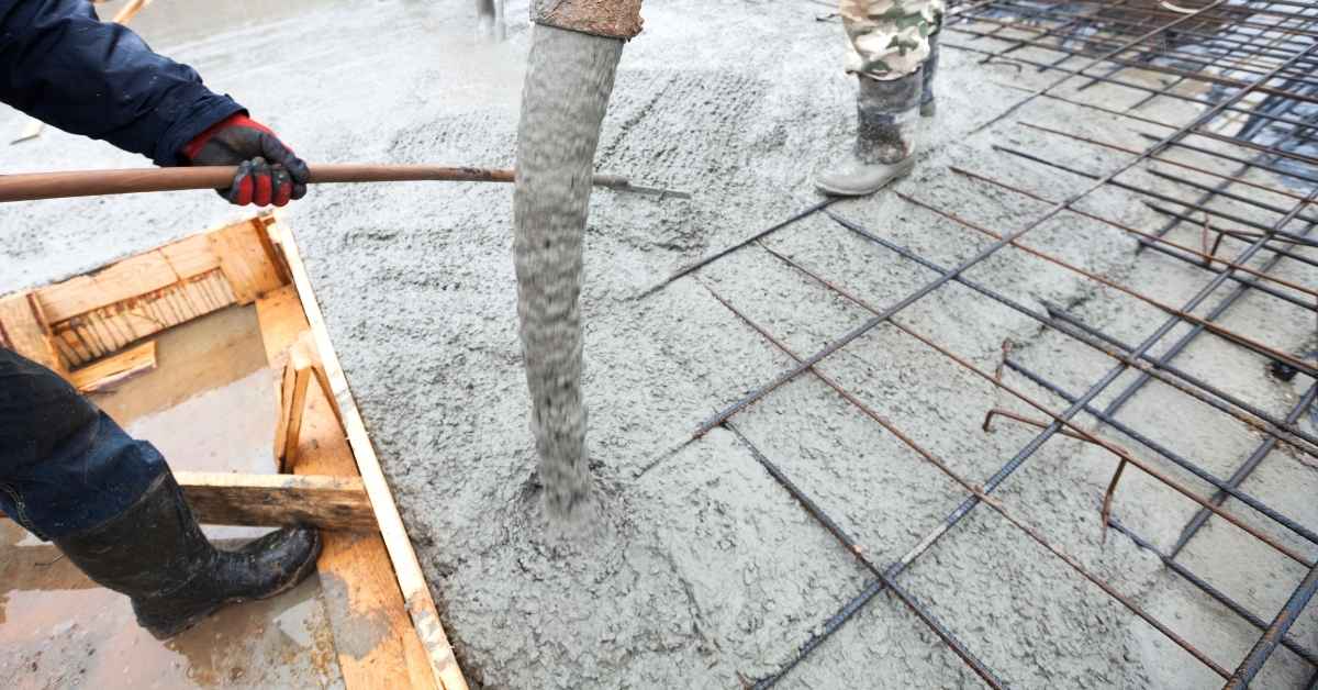 Pouring concrete over a steel rebar grid in wooden formwork.