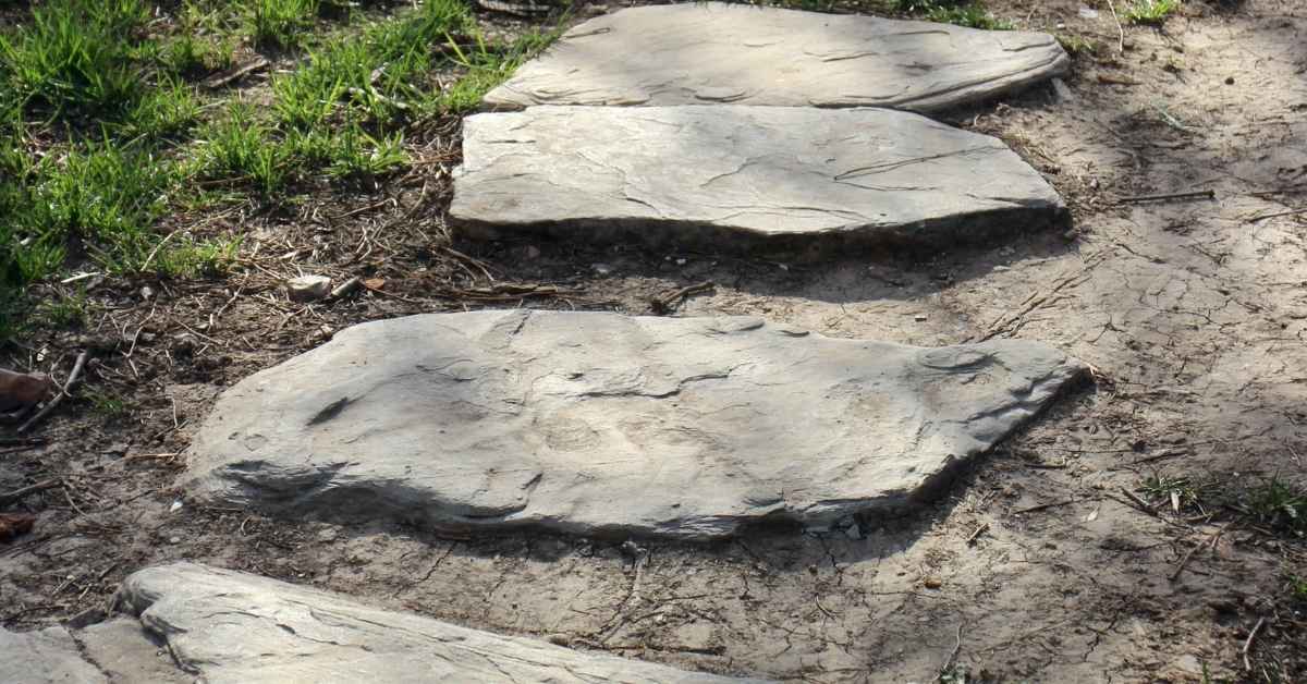Flat, irregular stepping stones embedded in dirt along a path.