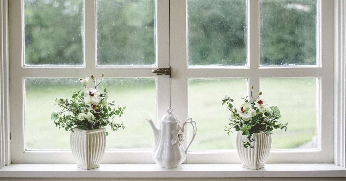 White window with two flowerpots and a teapot on sill