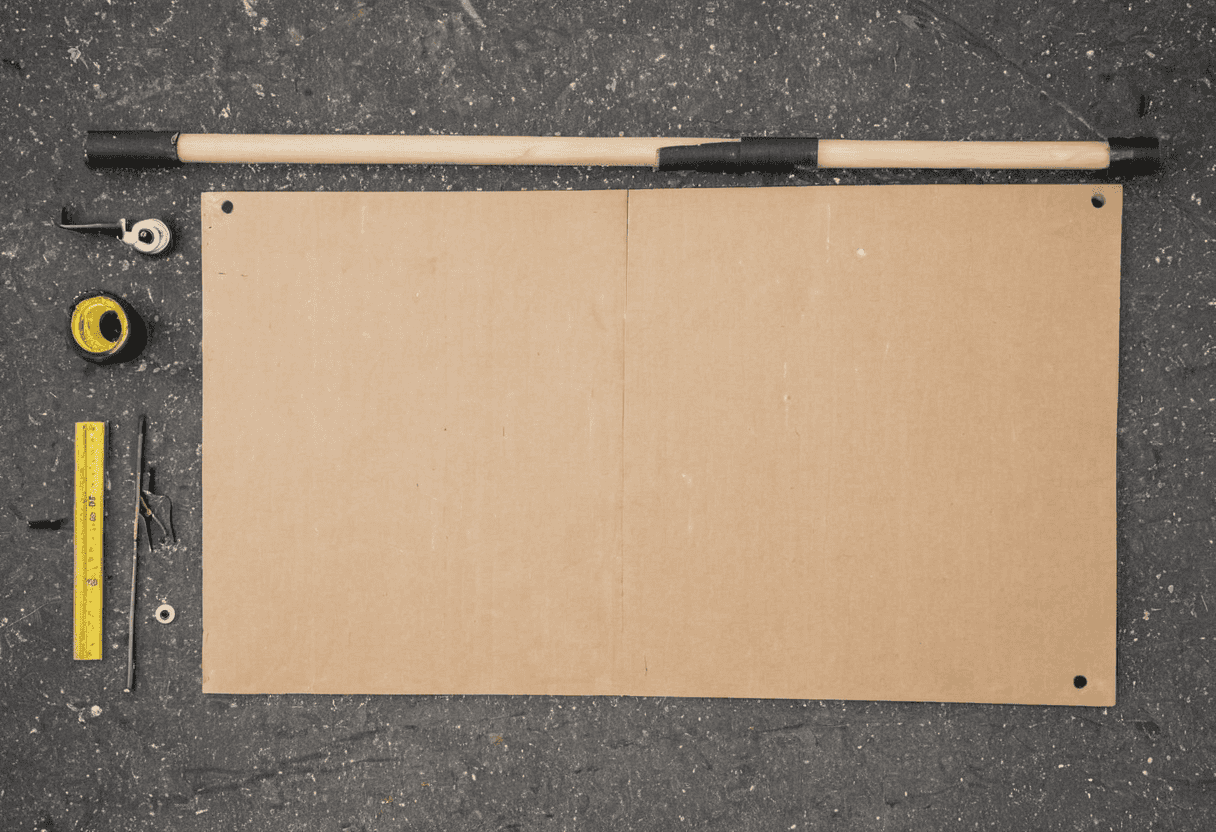 Overhead flat-lay on a weathered workbench in a backyard area, chalk line, tape measure, marker, notepad.