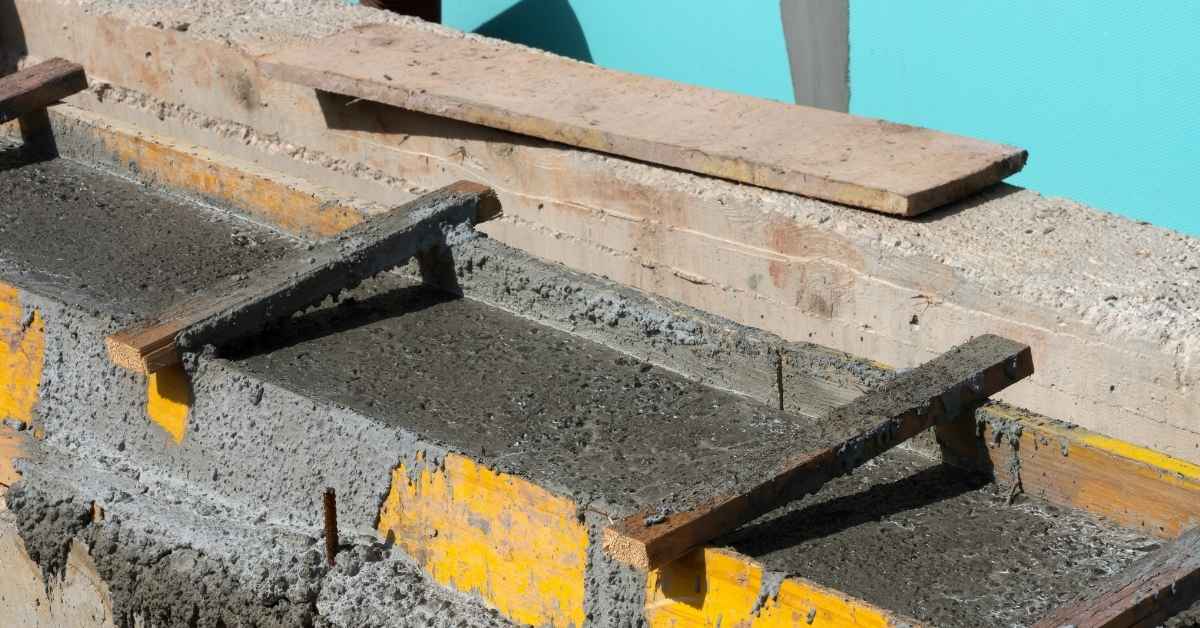 Wet concrete poured inside wooden formwork with reinforcement visible