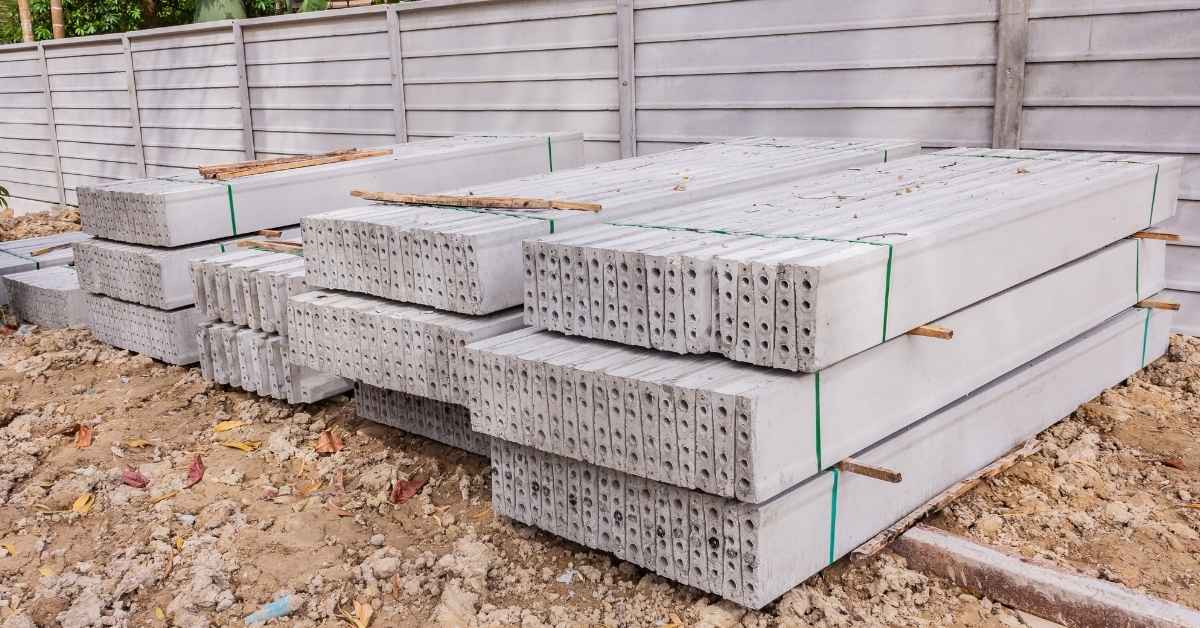 Stacked precast concrete hollow core slabs outdoors