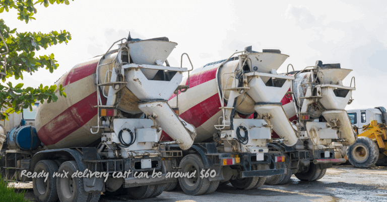 Three ready-mix concrete trucks parked side by side