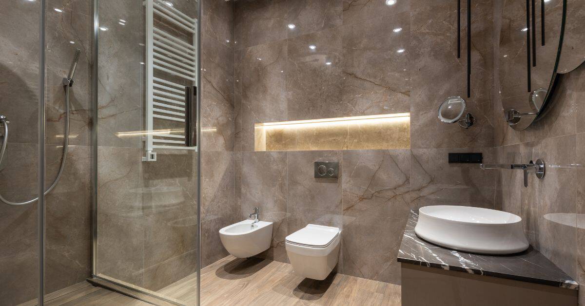 Modern bathroom with ceramic tile walls and wood-look tile floor