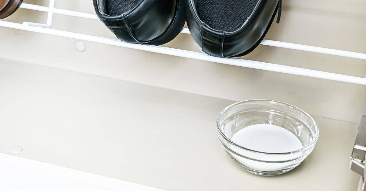 Clear glass bowl with white powder on shelf under black shoes