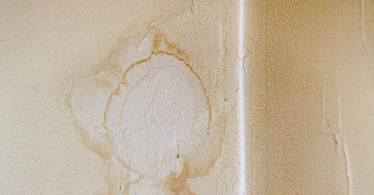 Brown water stain damage on beige wall corner