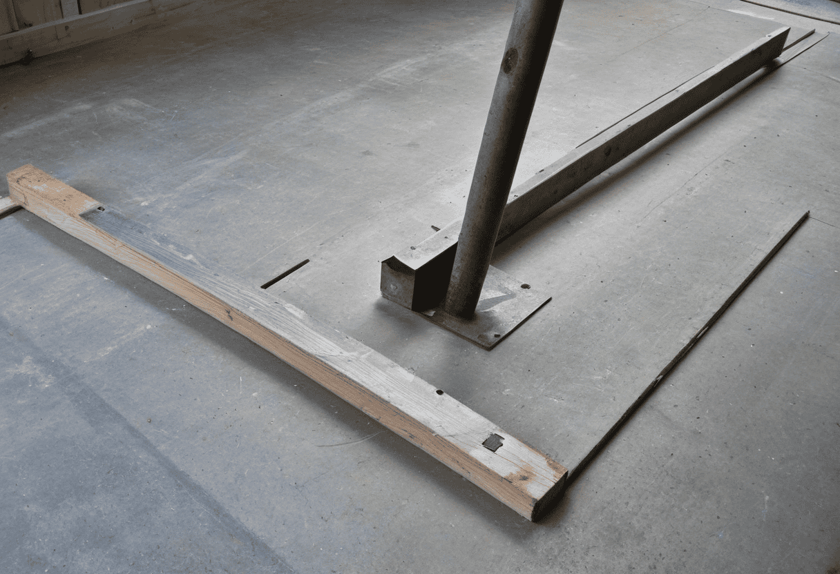 Handheld view of timber formwork, stakes, string line, screws, and level on a garage workspace.