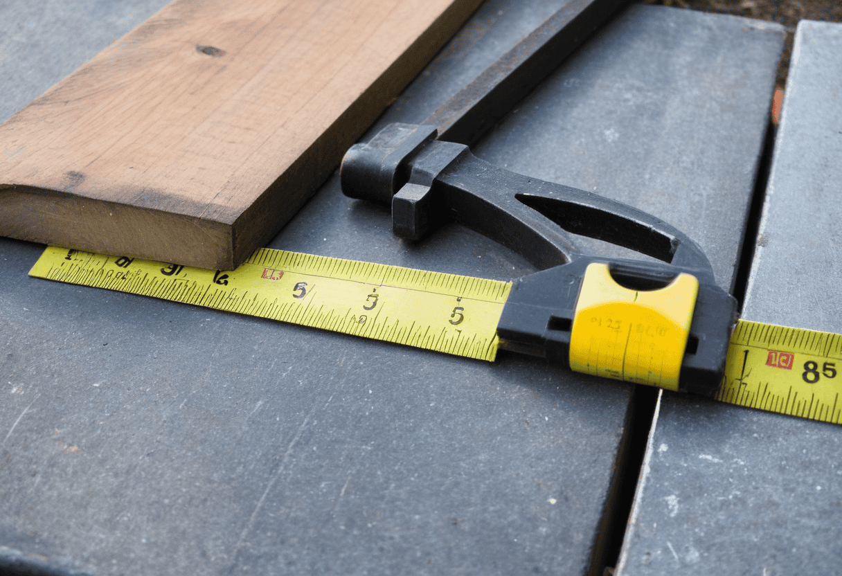 A macro shot of tape measure, string line, and square on a driveway edge in a covered patio workspace.