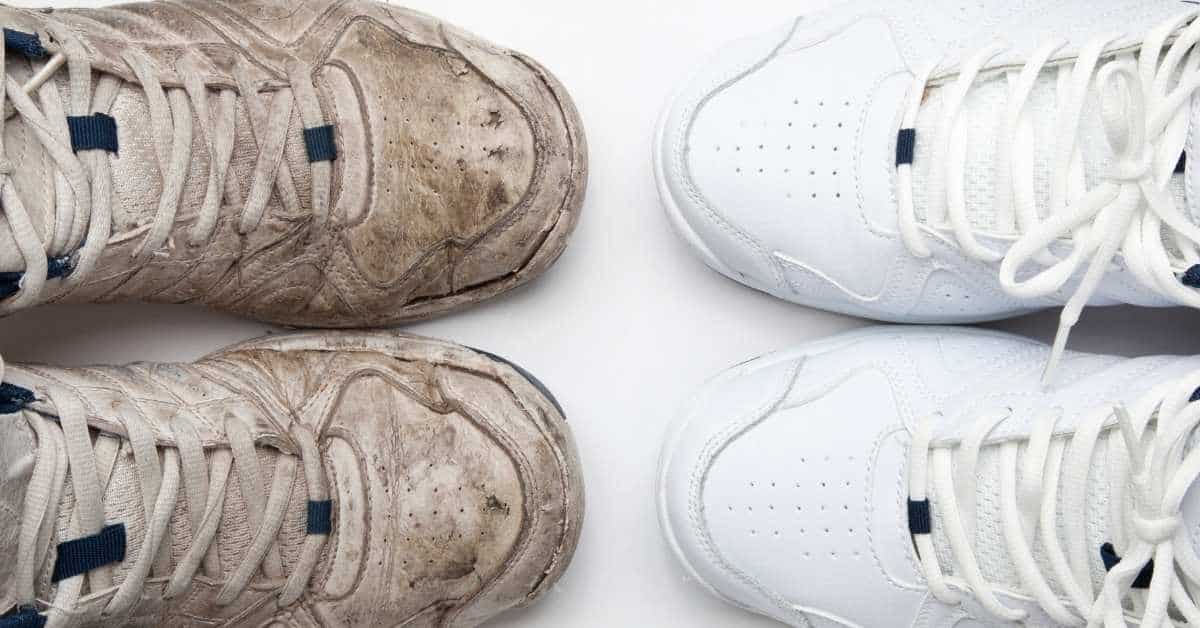Pair of dirty shoes next to clean white shoes