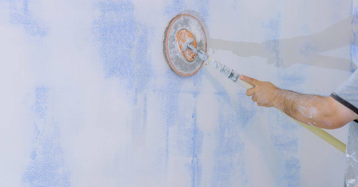 Hand using electric sander on drywall wall surface