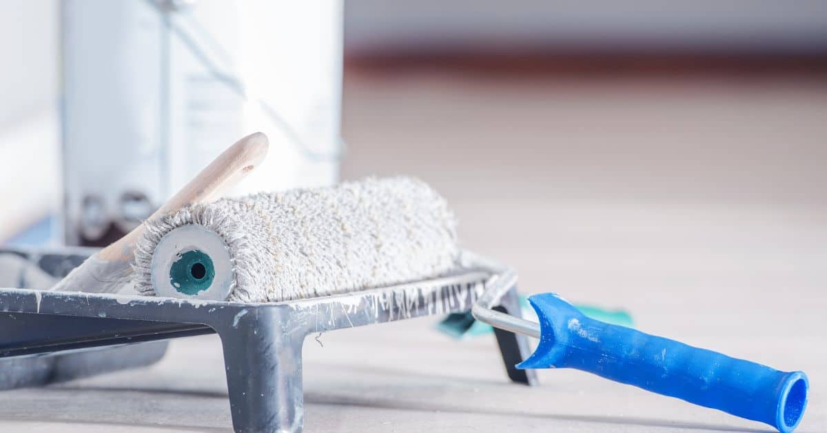 Paint roller and paintbrush lying on paint tray