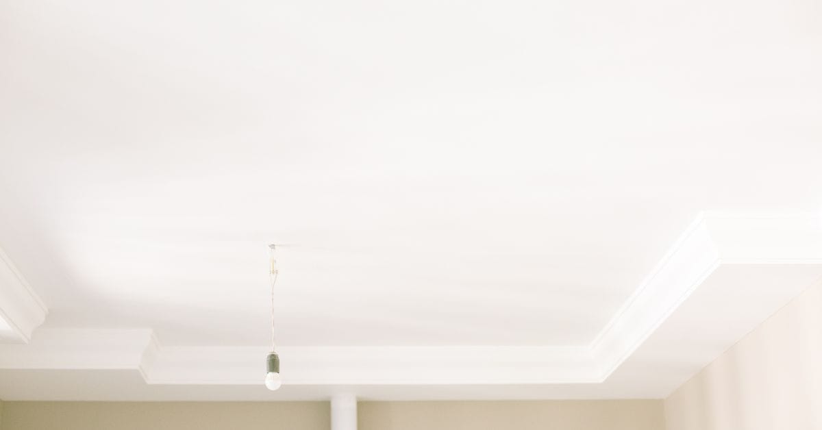Smooth white ceiling with crown molding and hanging bulb