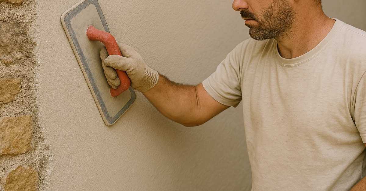 Man using float tool to smooth plaster on wall