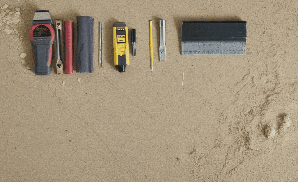 Overhead view of a workbench with clipboard, measuring tape, pencil, speed square, spirit level, and folded tarp amid dust.