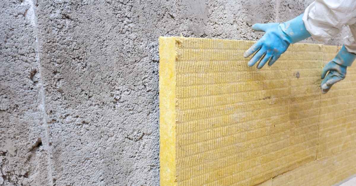 Person in gloves installing yellow insulating board on stucco wall