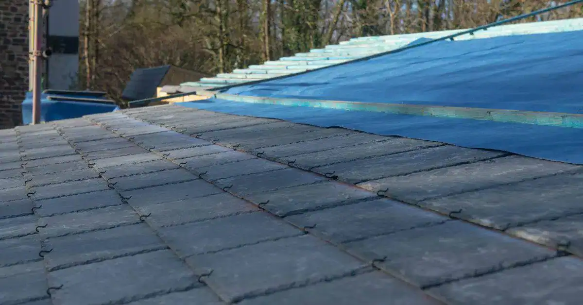 Close-up of stone tile roof and blue underlayment