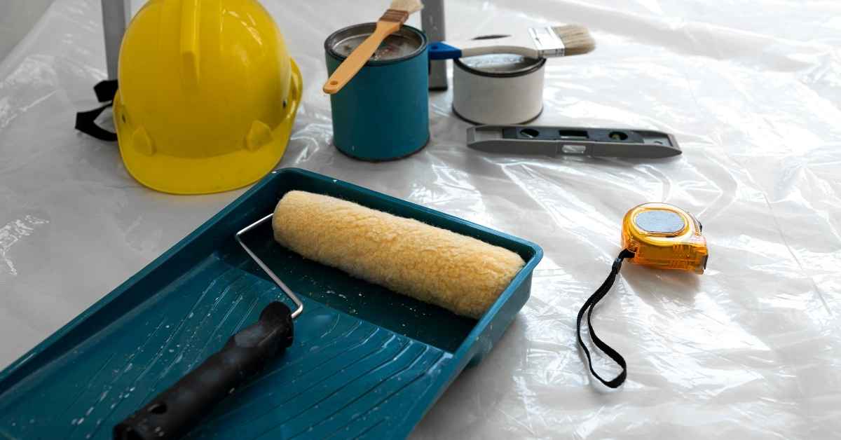 Yellow hard hat paint cans paintbrush roller and tape measure on plastic sheet