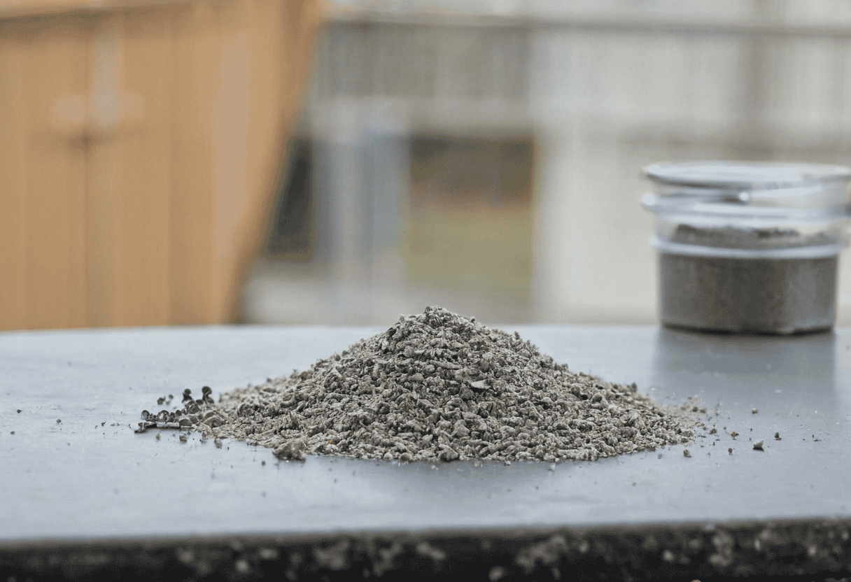 Macro view of a covered patio workbench with cement powder, sieve, scale, scoop, and gloves.