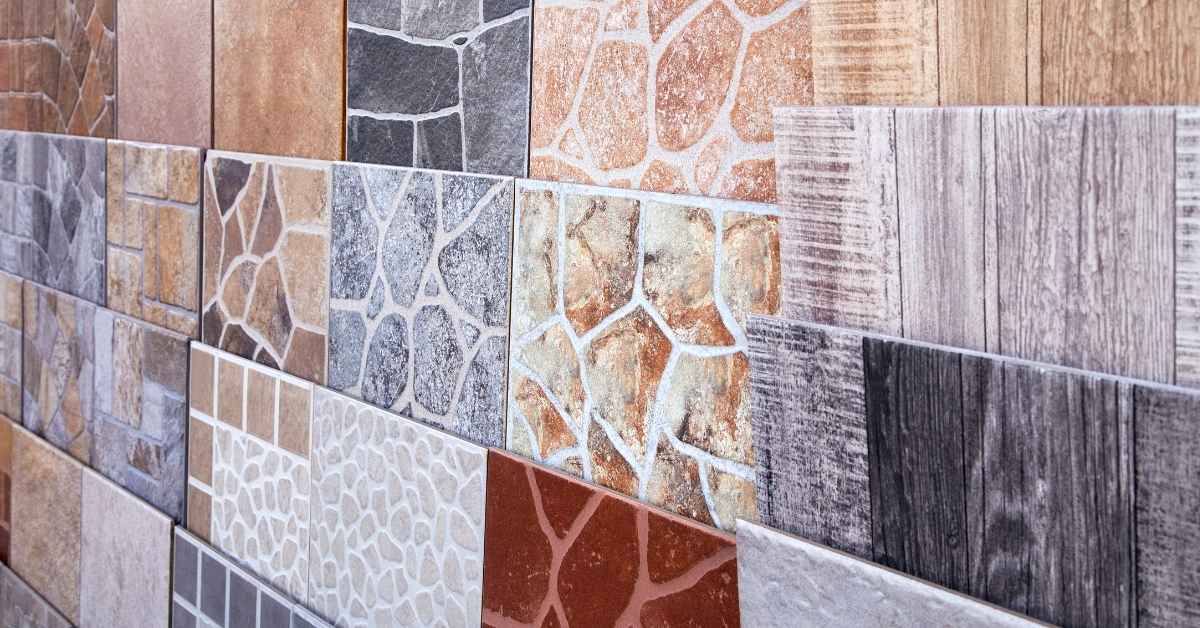 Variety of decorative ceramic tiles with different patterns and colors