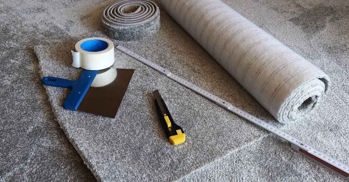 Carpet tools including knife tape measure roller and tape on carpet
