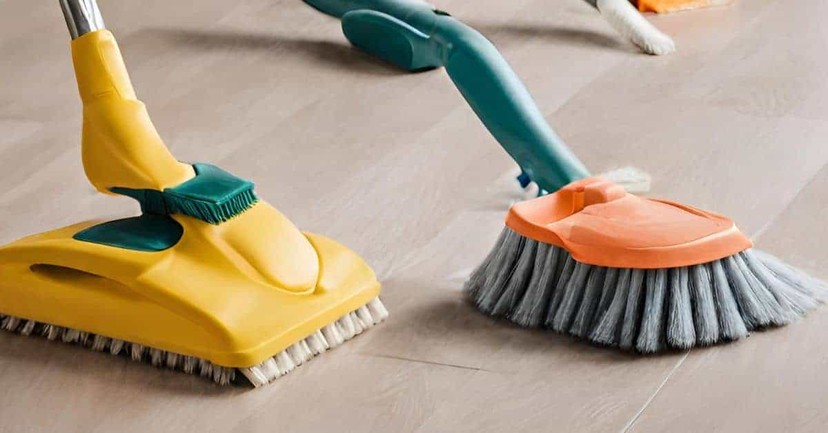 Two floor cleaning brushes with yellow and orange handles on wood floor