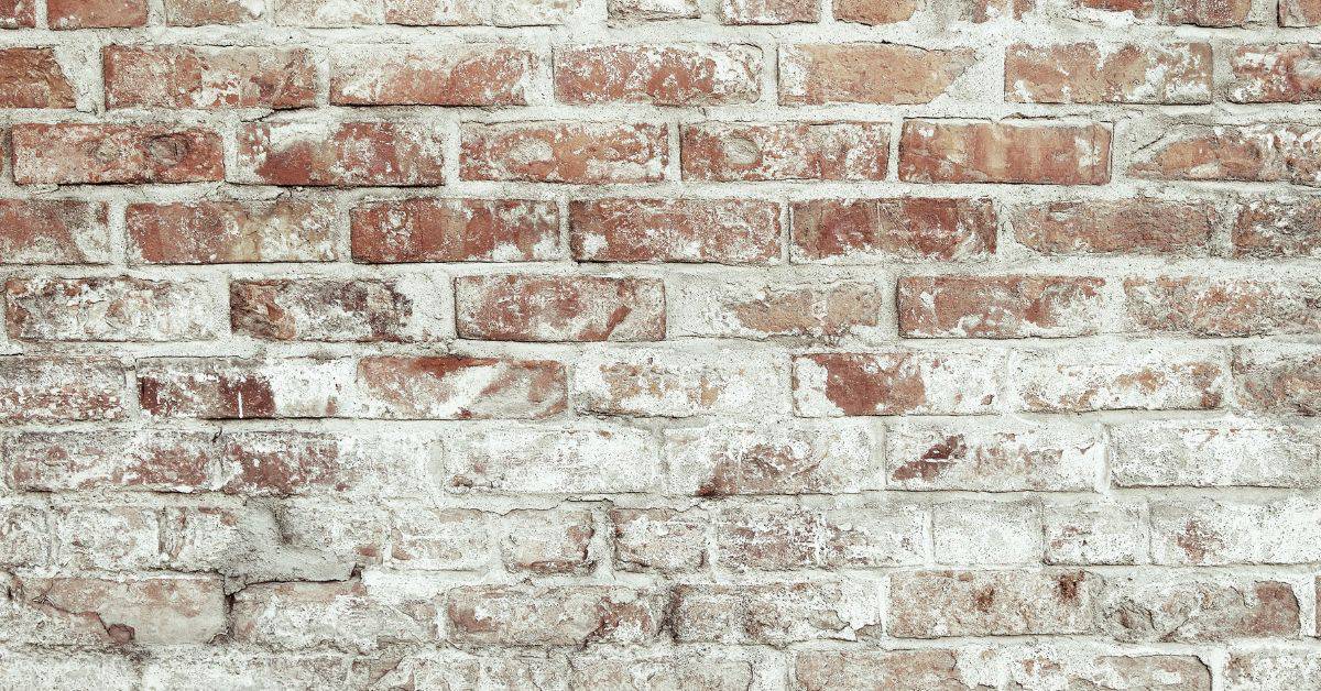 Close-up of weathered brick wall with uneven white coating
