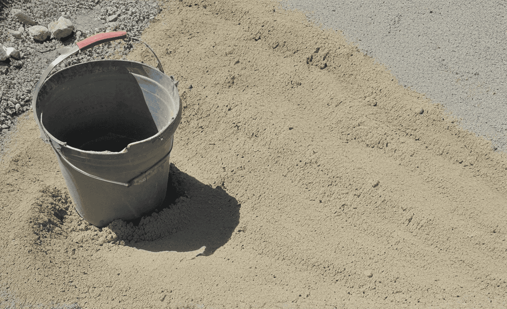 Residential DIY concrete washout outdoors with buckets, slurry, filter bag, hose, dirt ground.