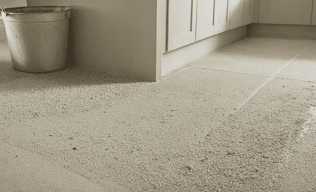 Kitchen renovation cleanup area with rinse water bin, scrub brush, and wet slurry on a gravel edge.