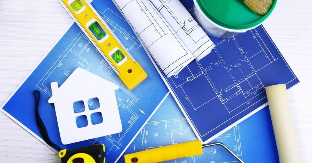 Blueprints level tape measure paint roller paintbrush paint can