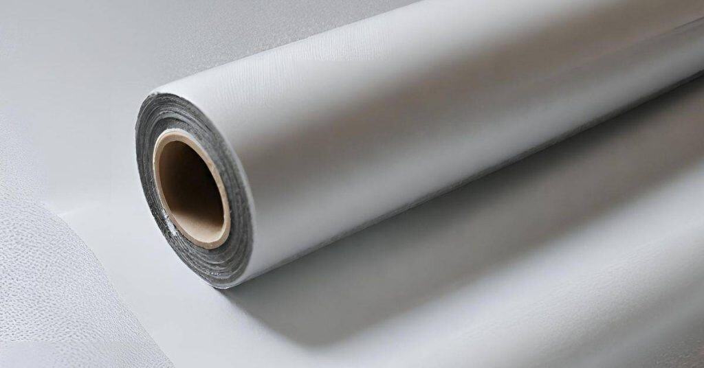 Close-up of a rolled white waterproof roofing membrane