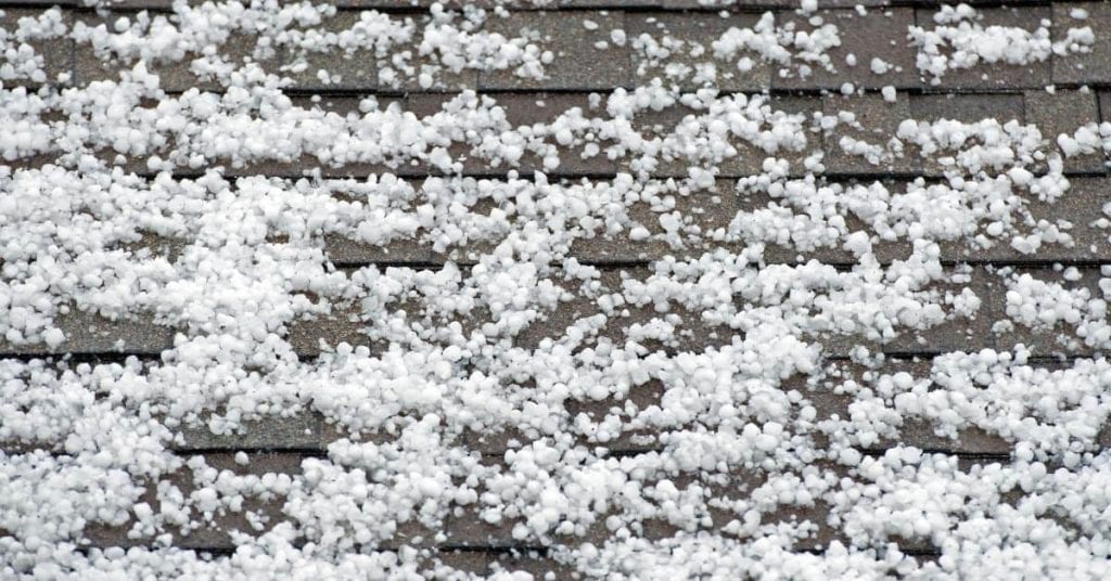 Close-up of asphalt shingles covered with small hail pellets