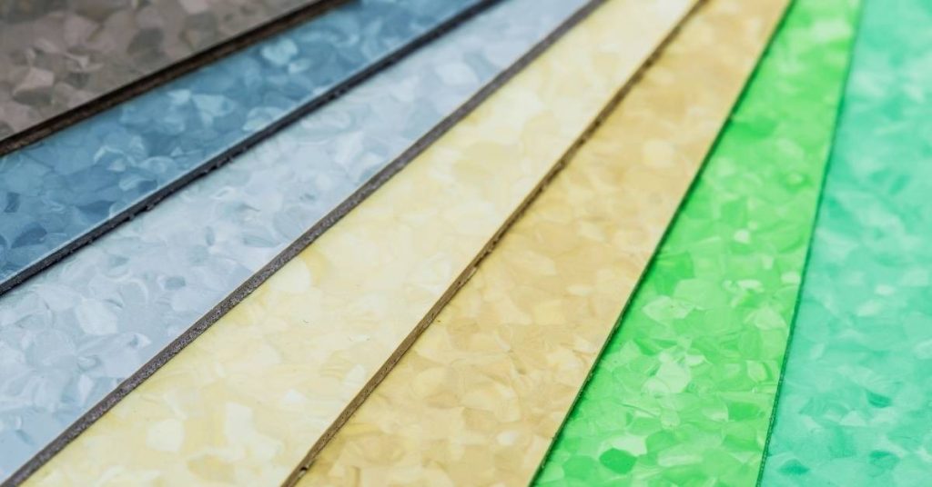 Close up of colorful laminate flooring samples arranged diagonally