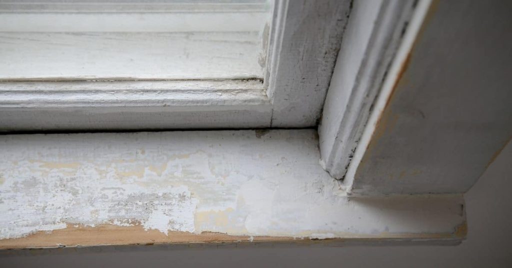 Close-up of window sill with peeling white paint