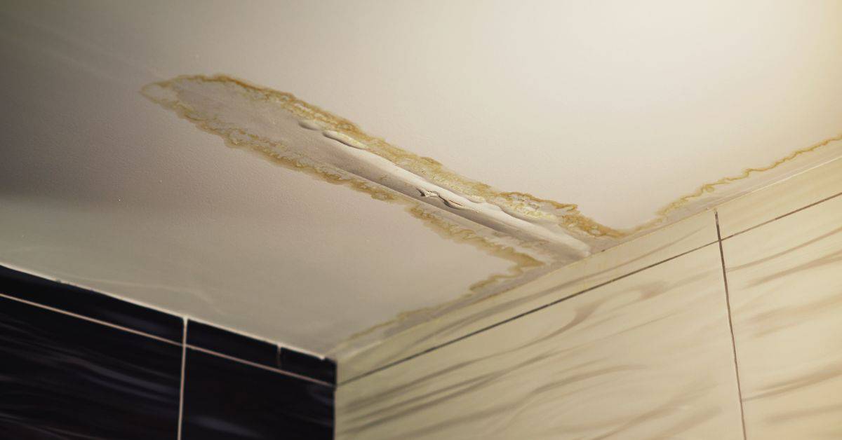 Ceiling with extensive water damage and stain marks