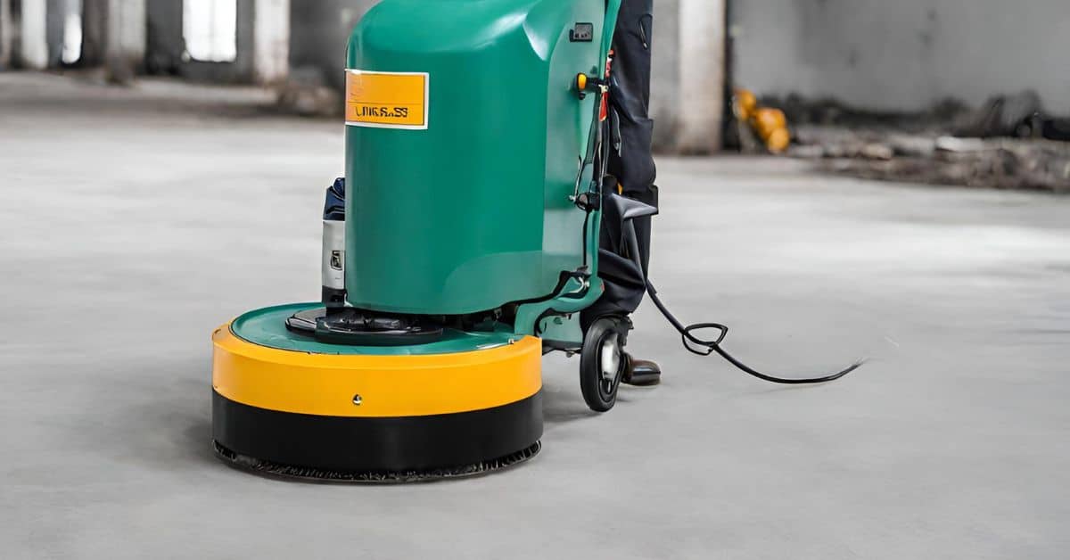 Large floor cleaning machine operating on concrete floor