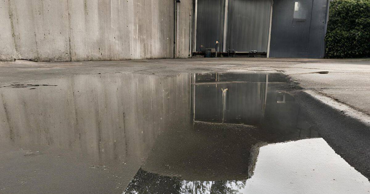 Concrete floor with reflective water puddle near vertical wall