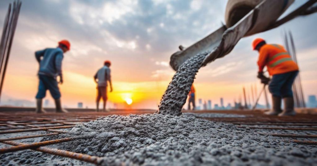 Concrete pouring onto rebar grid with workers in background