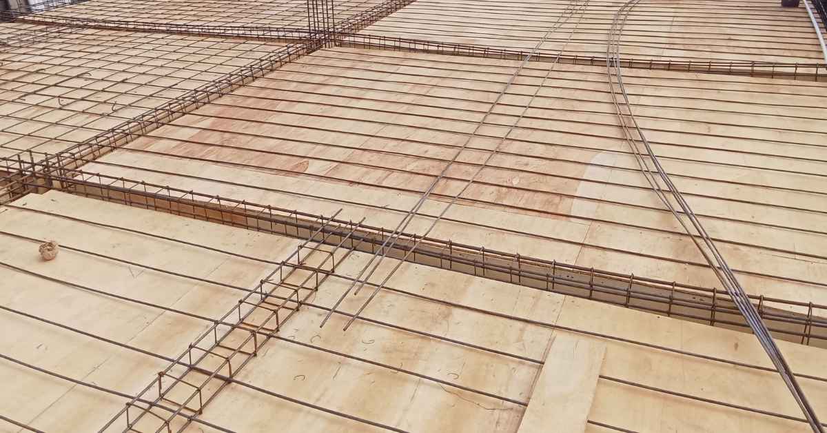 wooden formwork with steel rebar grid for concrete slab