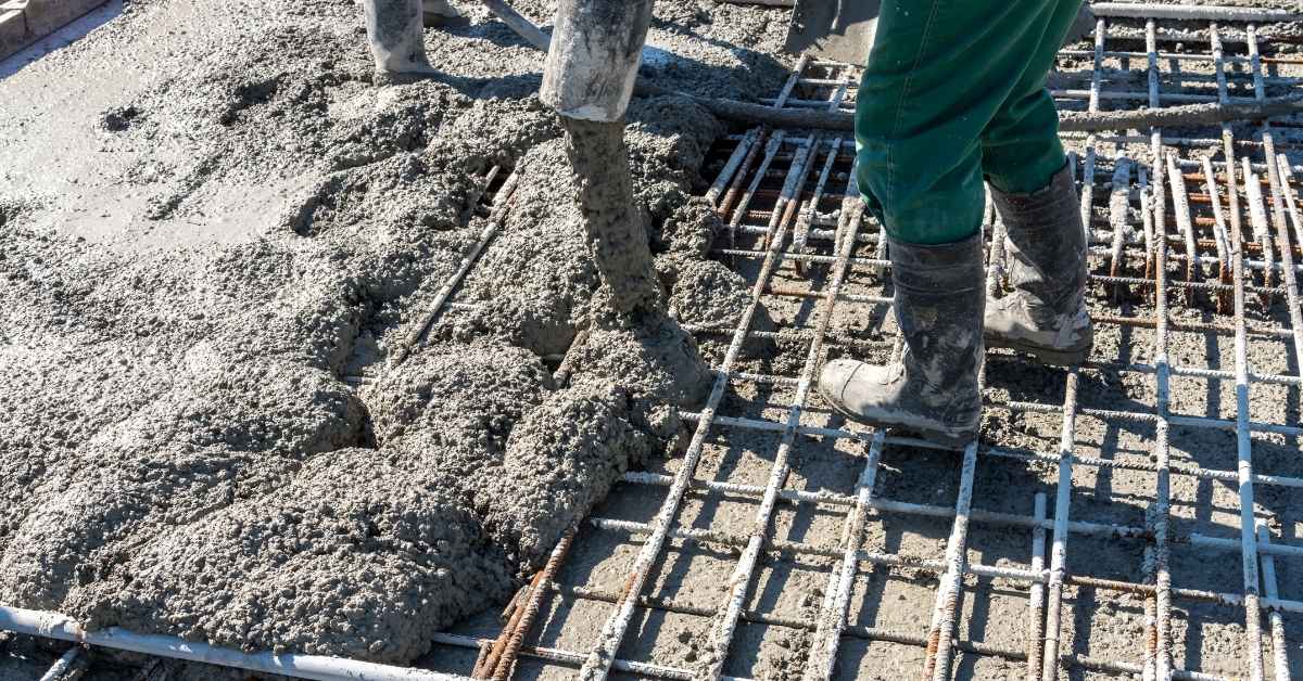 Workers pouring wet concrete over steel rebar grid
