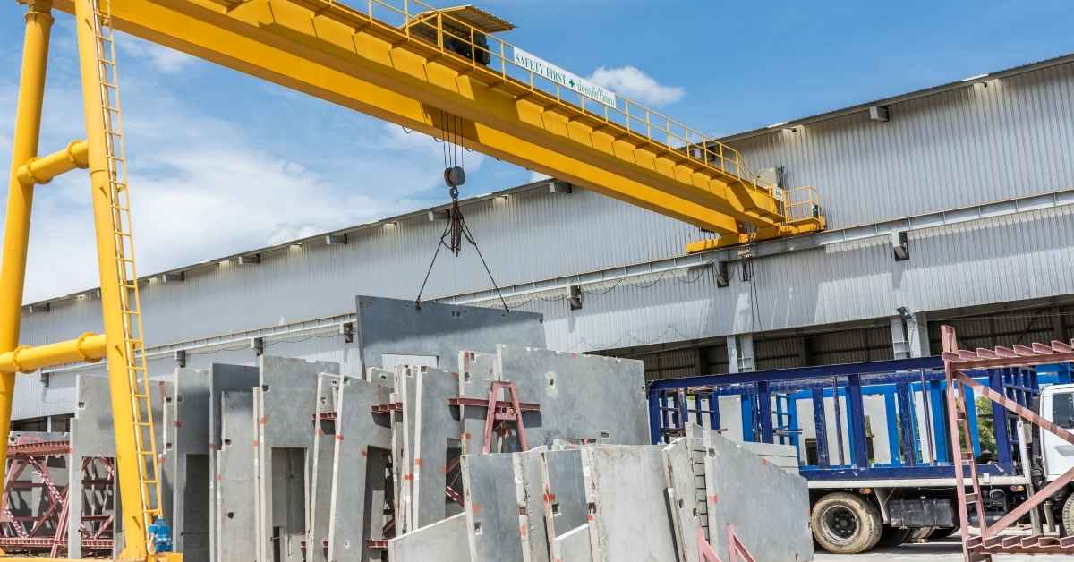 Yellow crane lifting precast concrete panels at industrial site