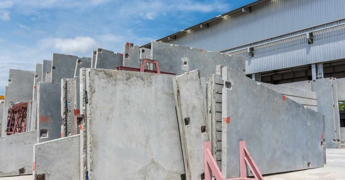 stacked precast concrete wall panels outdoors near metal building