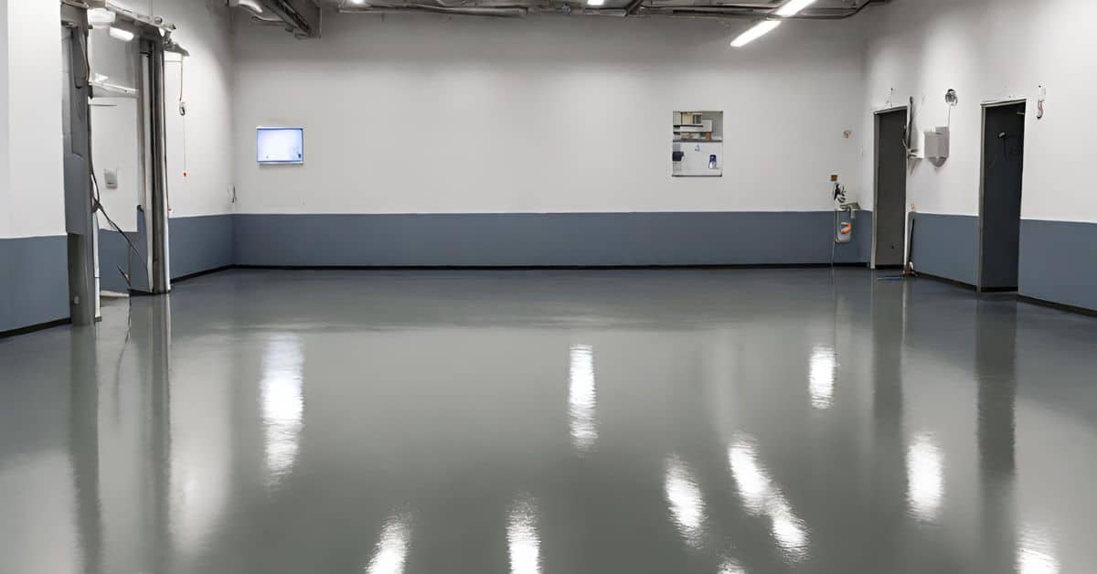 Smooth gray epoxy garage floor with glossy finish