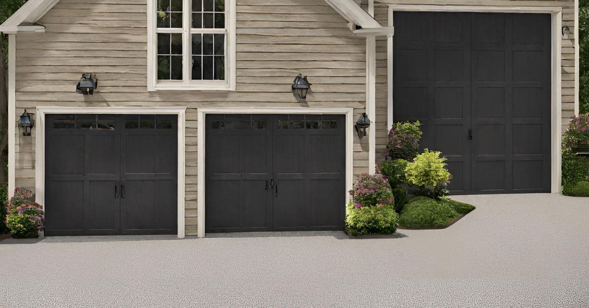 three black garage doors on a beige wooden house exterior