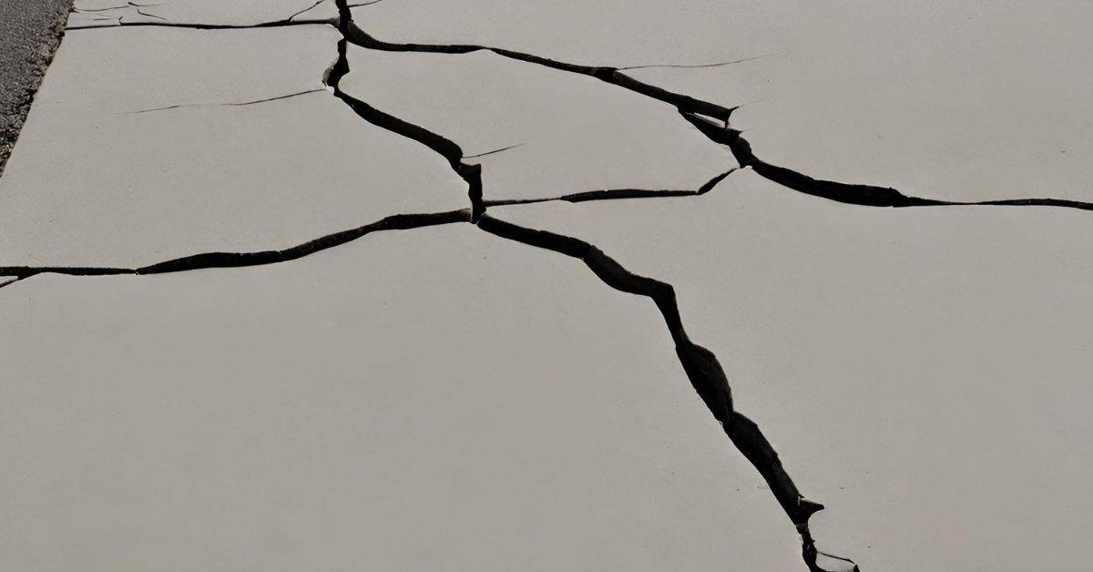 Close-up of cracked concrete slab with multiple fractures