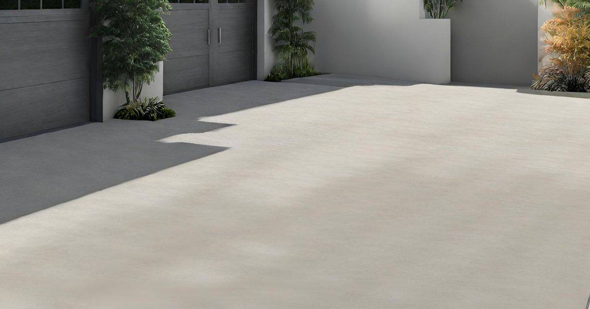 Smooth concrete driveway with garage doors and landscaping plants
